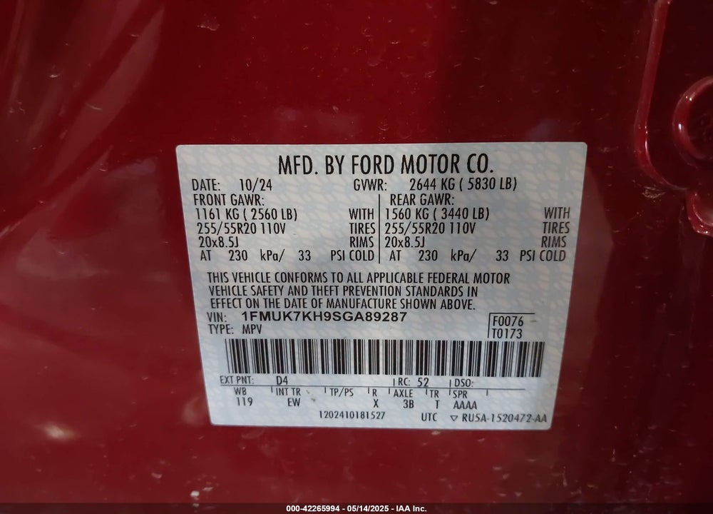 2025 FORD EXPLORER VIN: 1FMUK7KH9SGA89287