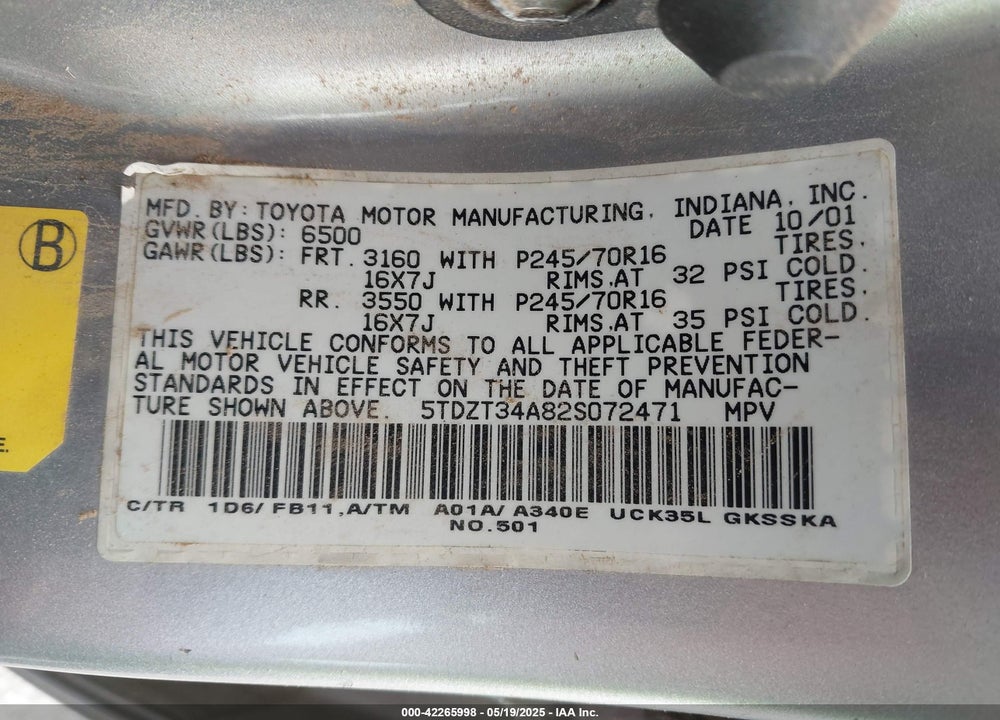 2002 TOYOTA SEQUOIA SR5 V8 VIN: 5TDZT34A82S072471