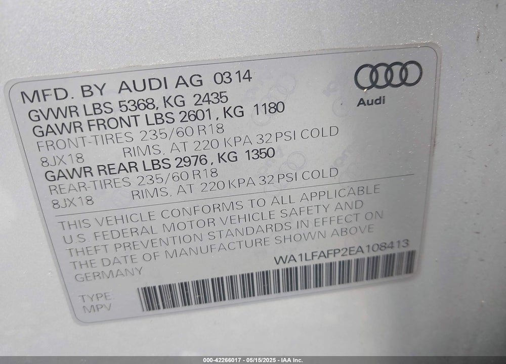 2014 AUDI Q5 2.0T PREMIUM VIN: WA1LFAFP2EA108413