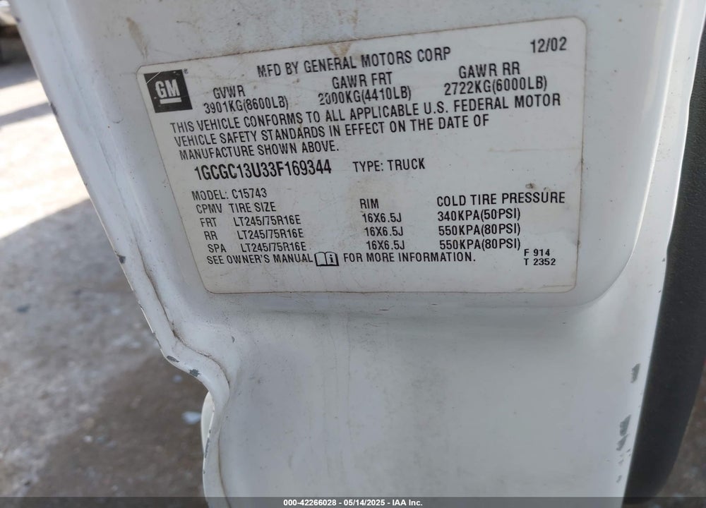 2003 CHEVROLET SILVERADO 1500HD LS VIN: 1GCGC13U33F169344