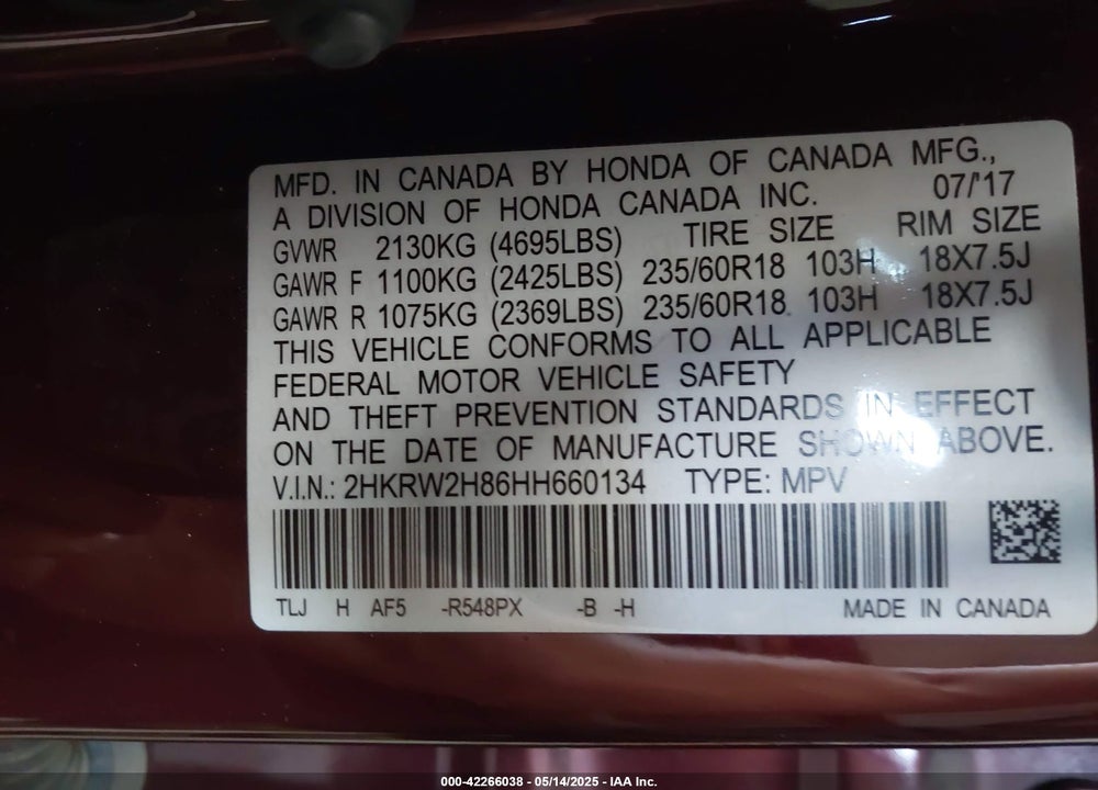 2017 HONDA CR-V VIN: 2HKRW2H86HH660134