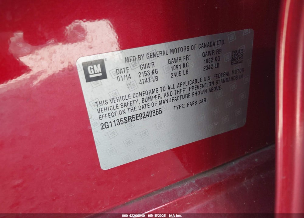 2014 CHEVROLET IMPALA VIN: 2G1135SR5E9240865