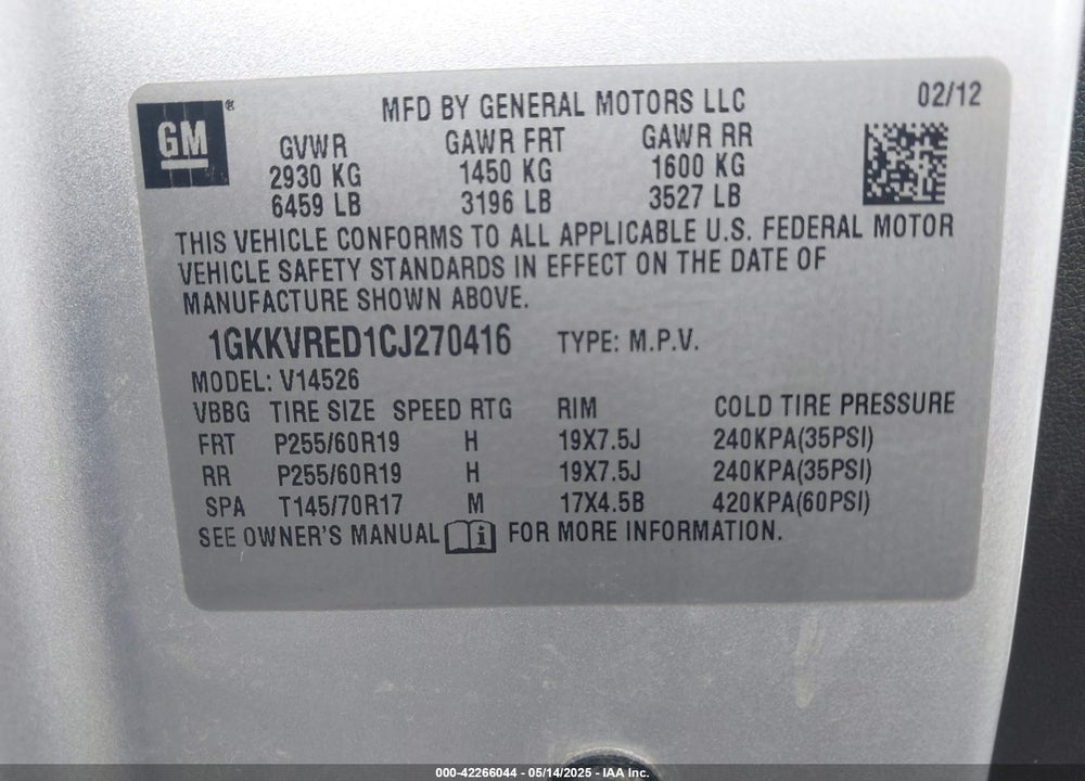 2012 GMC ACADIA VIN: 1GKKVRED1CJ270416