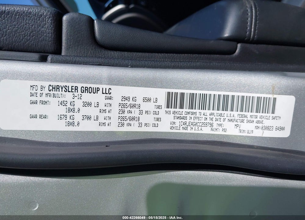 2012 JEEP GRAND CHEROKEE LAREDO VIN: 1C4RJEAG0CC259796