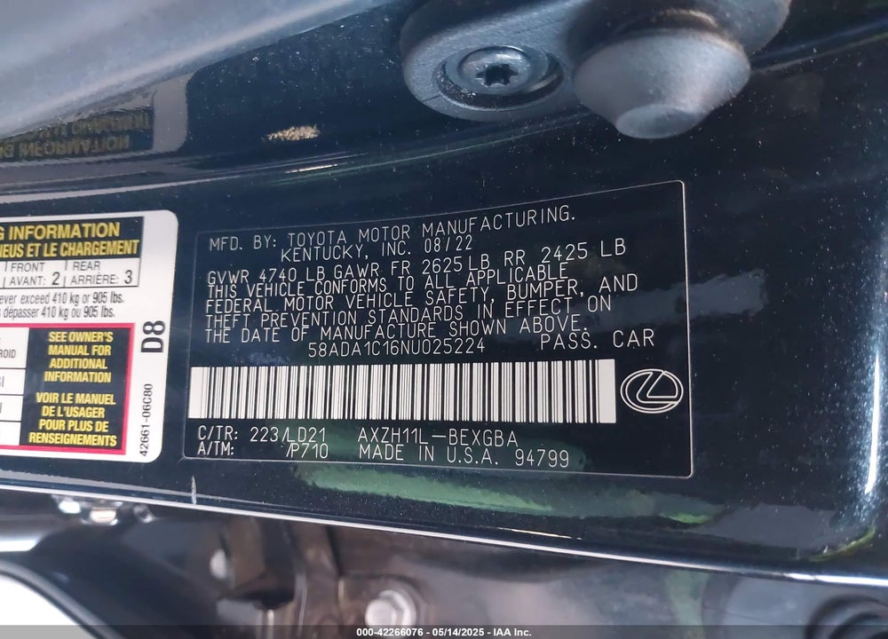2022 LEXUS ES 300H VIN: 58ADA1C16NU025224