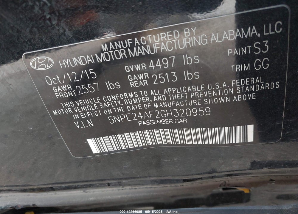 2016 HYUNDAI SONATA VIN: 5NPE24AF2GH320959