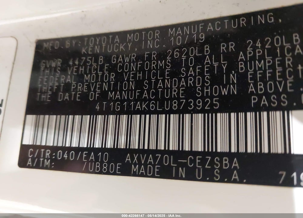 2020 TOYOTA CAMRY SE VIN: 4T1G11AK6LU873925