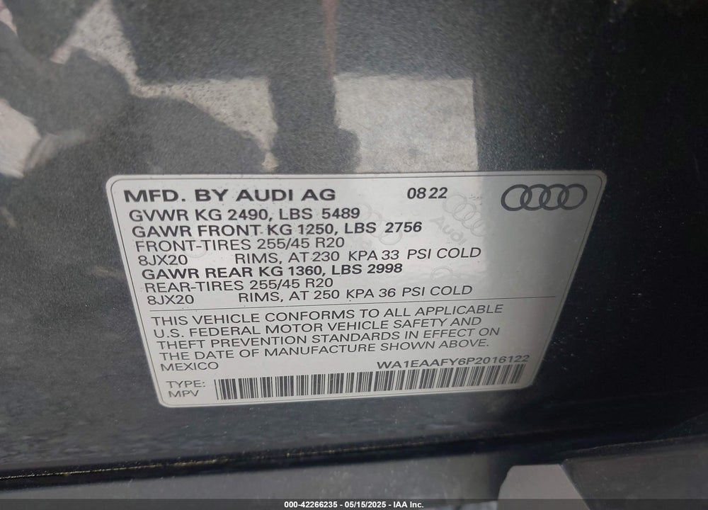 2023 AUDI Q5 PREMIUM PLUS 45 TFSI S LINE QUATTRO VIN: WA1EAAFY6P2016122
