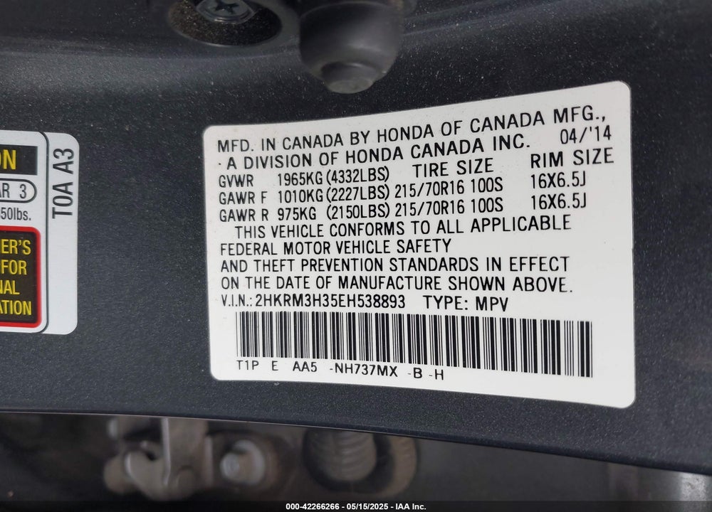 2014 HONDA CR-V LX VIN: 2HKRM3H35EH538893