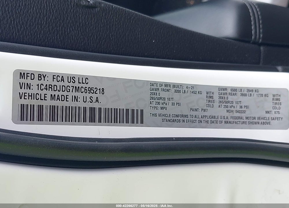 2021 DODGE DURANGO VIN: 1C4RDJDG7MC695218
