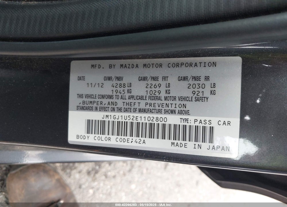 2014 MAZDA MAZDA6 VIN: JM1GJ1U52E1102800