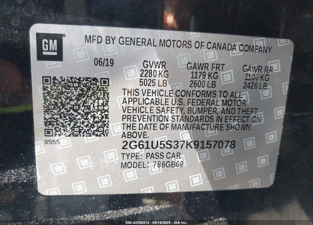 2019 CADILLAC XTS VIN: 2G61U5S37K9157078