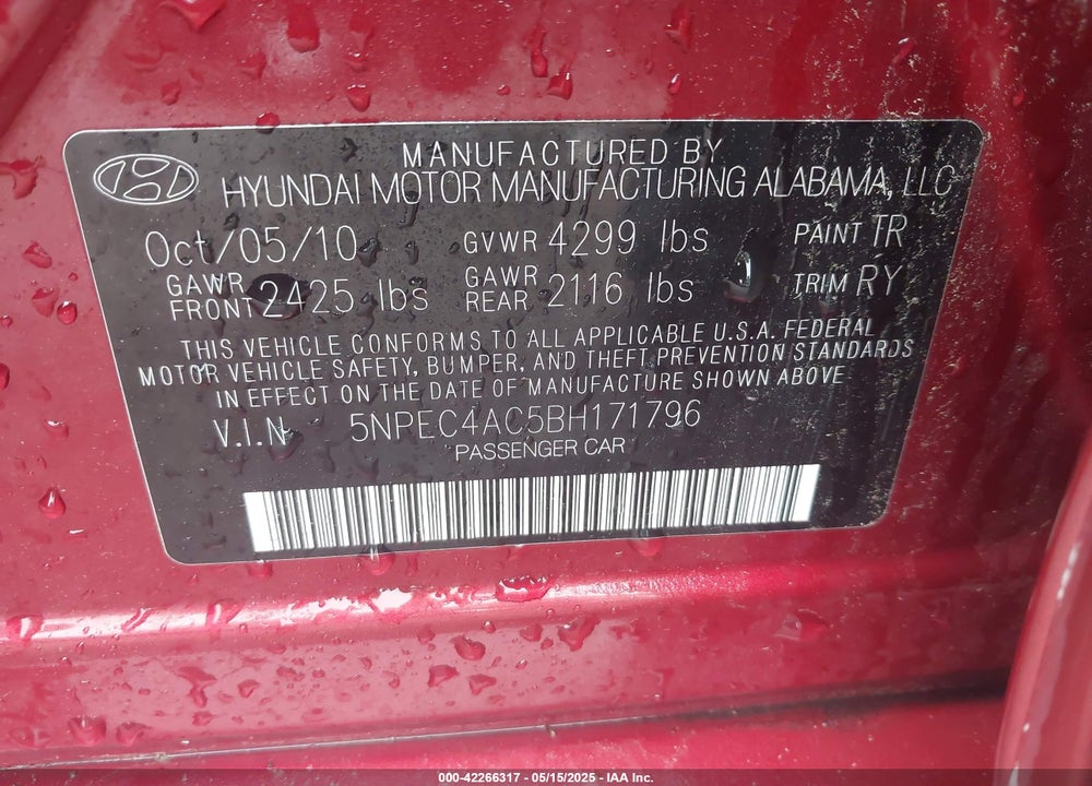 2011 HYUNDAI SONATA SE VIN: 5NPEC4AC5BH171796