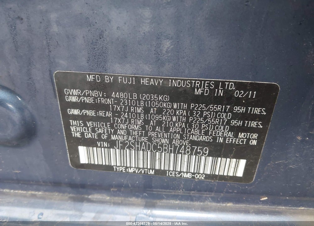 2011 SUBARU FORESTER 2.5X PREMIUM VIN: JF2SHADC5BH748759