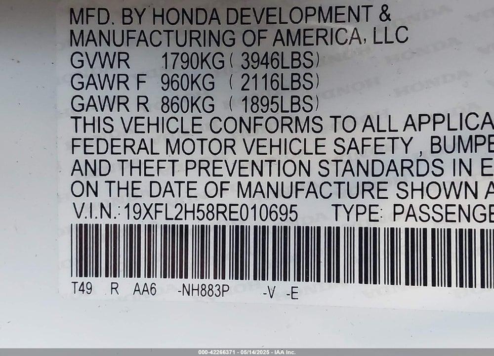 2024 HONDA CIVIC VIN: 19XFL2H58RE010695