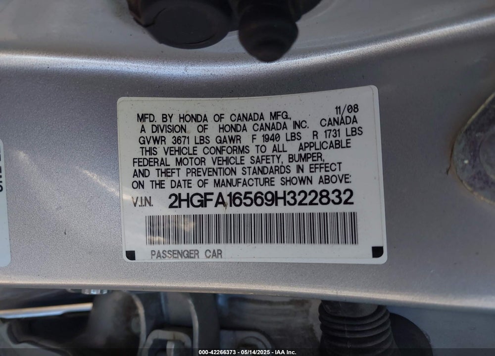 2009 HONDA CIVIC VIN: 2HGFA16569H322832
