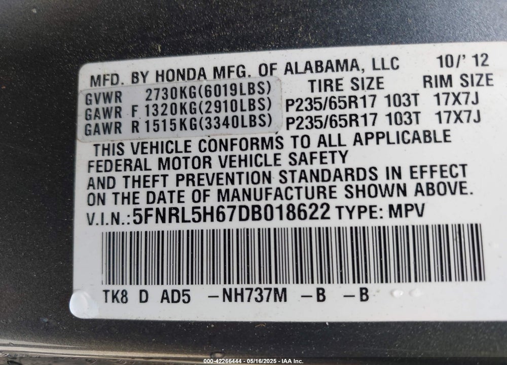 2013 HONDA ODYSSEY VIN: 5FNRL5H67DB018622