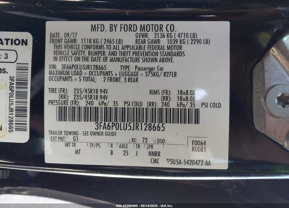 2018 FORD FUSION VIN: 3FA6P0LU5JR128665