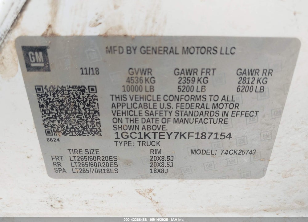 2019 CHEVROLET SILVERADO 2500HD LTZ VIN: 1GC1KTEY7KF187154