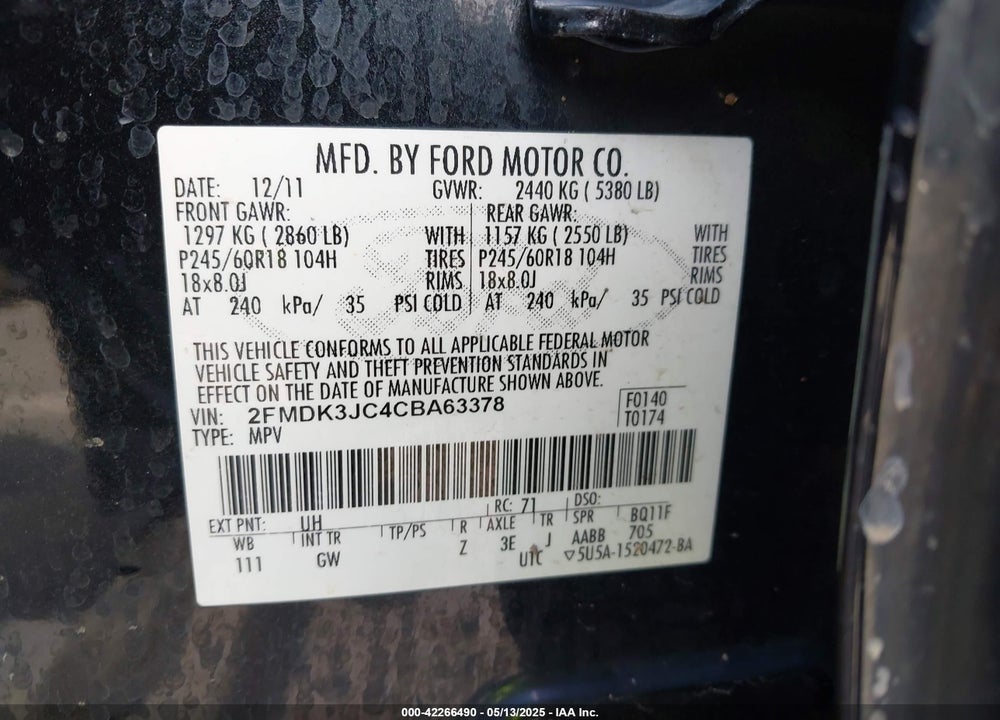 2012 FORD EDGE SEL VIN: 2FMDK3JC4CBA63378