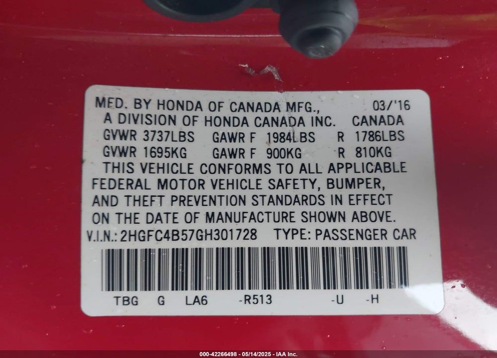 2016 HONDA CIVIC VIN: 2HGFC4B57GH301728