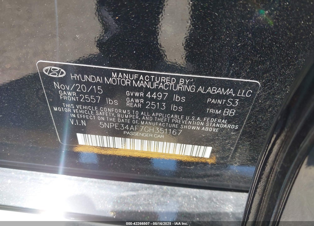 2016 HYUNDAI SONATA LIMITED/SPORT VIN: 5NPE34AF7G8351167