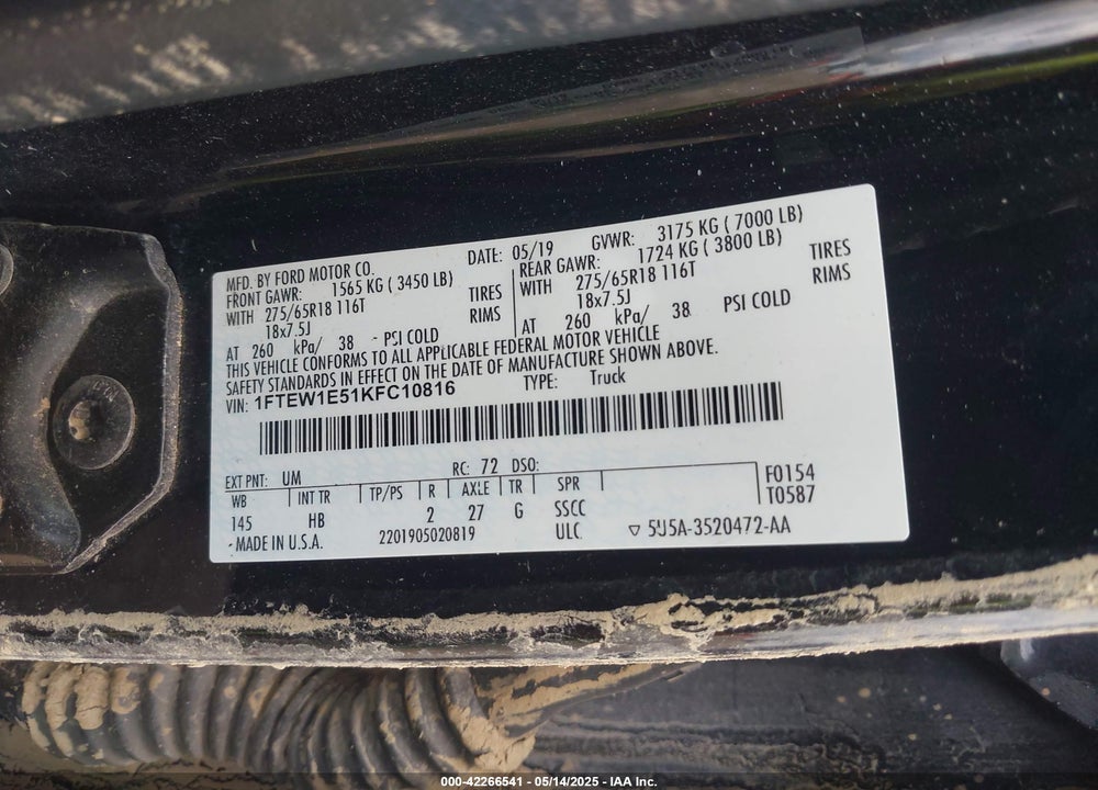 2019 FORD F-150 VIN: 1FTEW1E51KFC10816