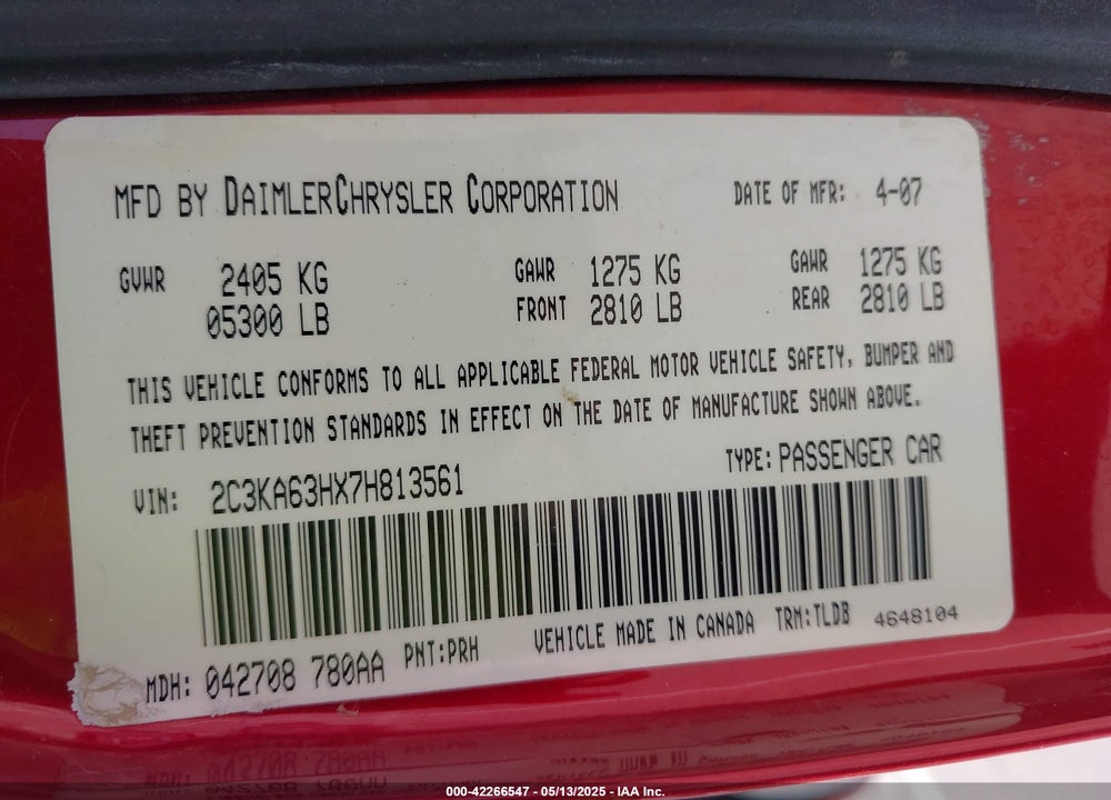 2007 CHRYSLER 300C VIN: 2C3KA63HX7H813561