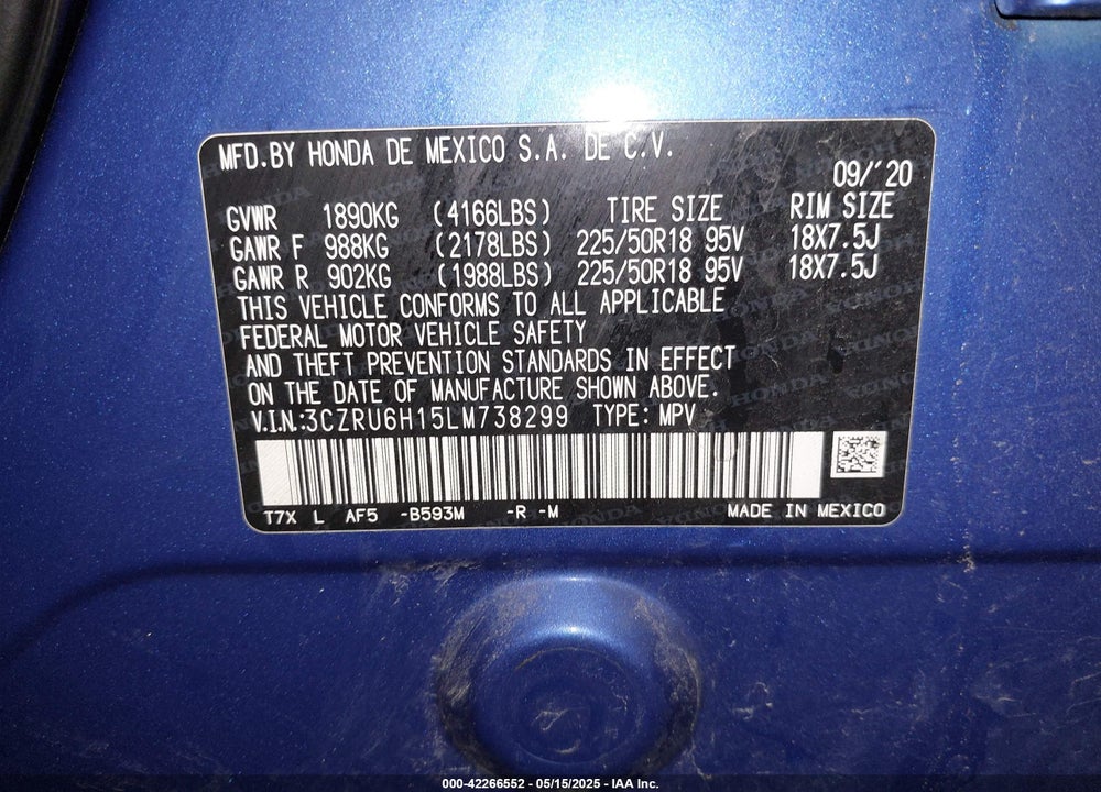 2020 HONDA HR-V VIN: 3CZRU6H15LM738299