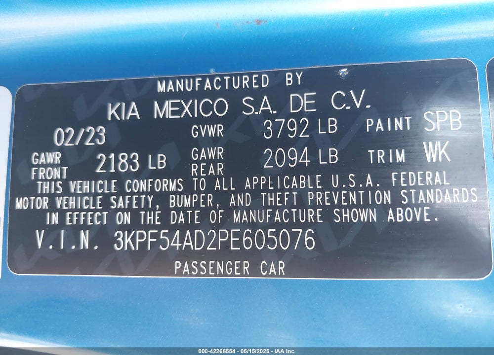 2023 KIA FORTE VIN: 3KPF54AD2PE605076