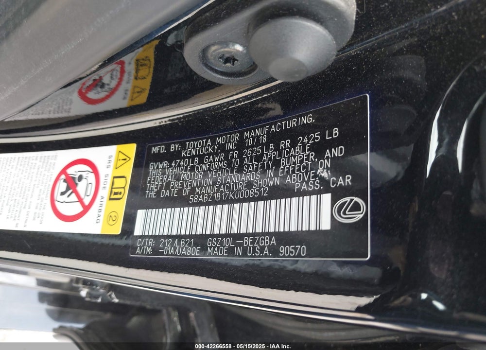2019 LEXUS ES350 VIN: 58ABZ1B17KU008512