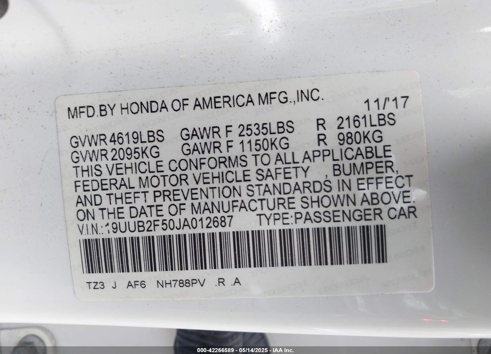 2018 ACURA TLX VIN: 19UUB2F50JA012687