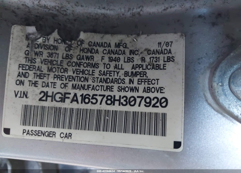 2008 HONDA CIVIC LX VIN: 2HGFA16578H307920