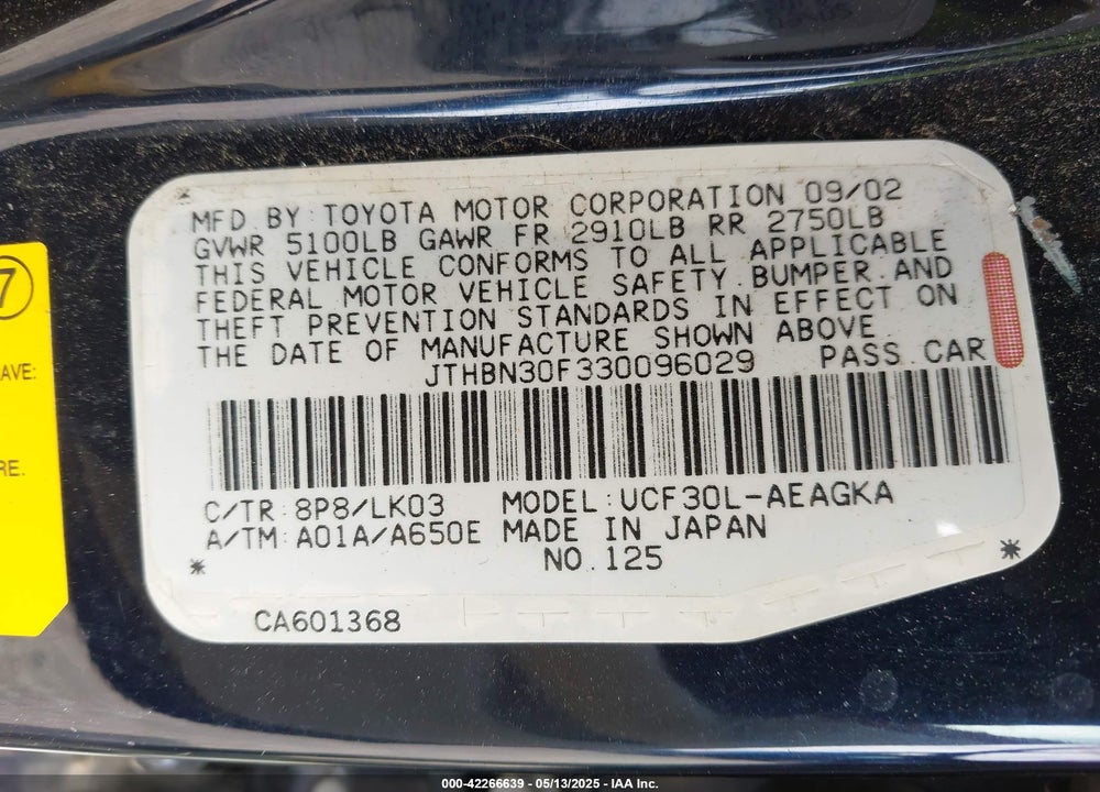 2003 LEXUS LS 430 VIN: JTHBN30F330096029