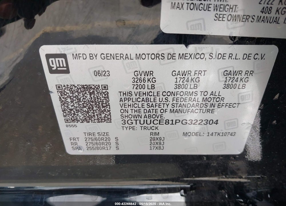 2023 GMC SIERRA 1500 4WD STANDARD BOX ELEVATION VIN: 3GTUUCE81PG322304