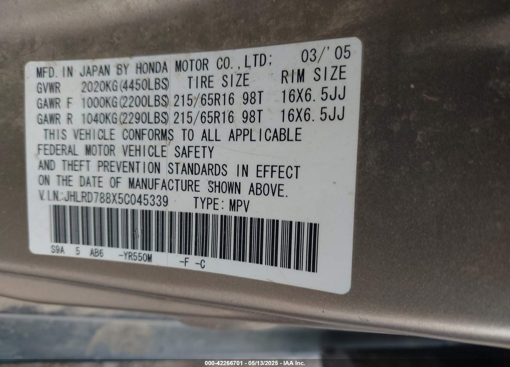 2005 HONDA CR-V EX VIN: JHLRD788X5C045339