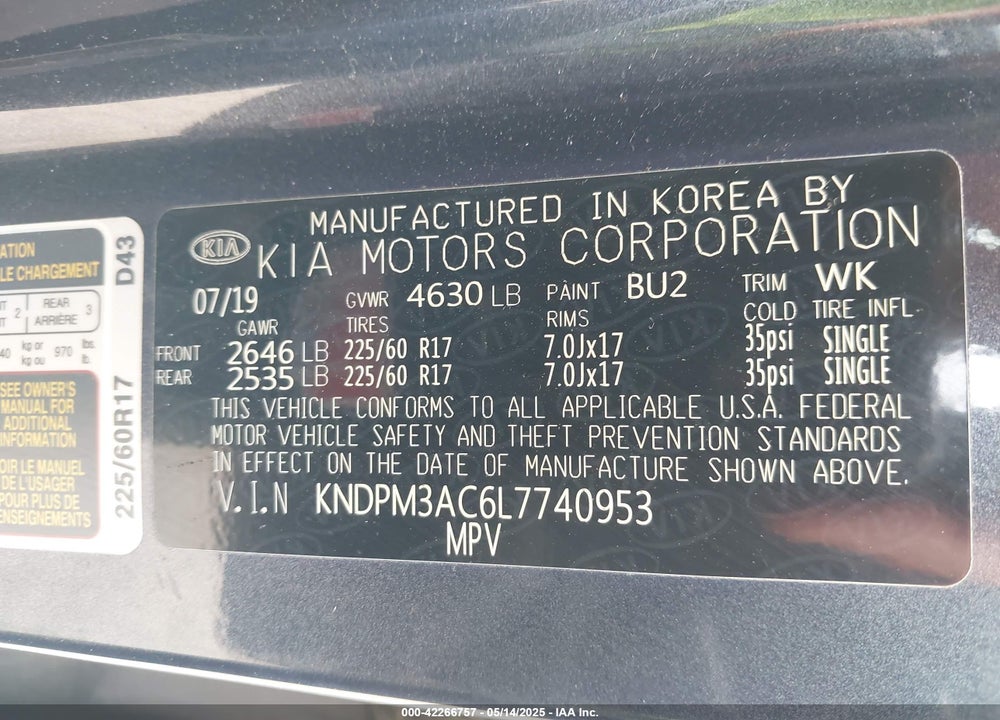 2020 KIA SPORTAGE VIN: KNDPM3AC6L7740953