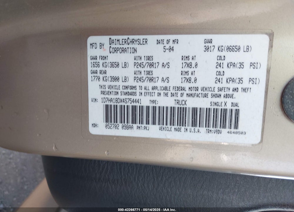 2004 DODGE RAM 1500 SLT/LARAMIE VIN: 1D7HA18DX4S754441