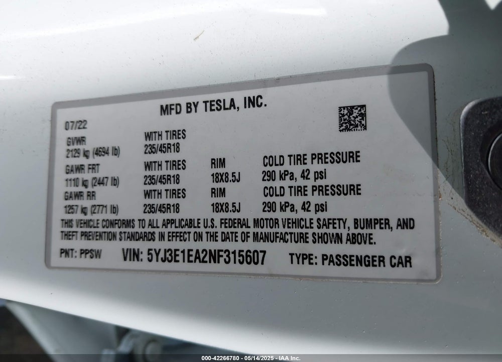 2022 TESLA MODEL 3 VIN: 5YJ3E1EA2NF315607