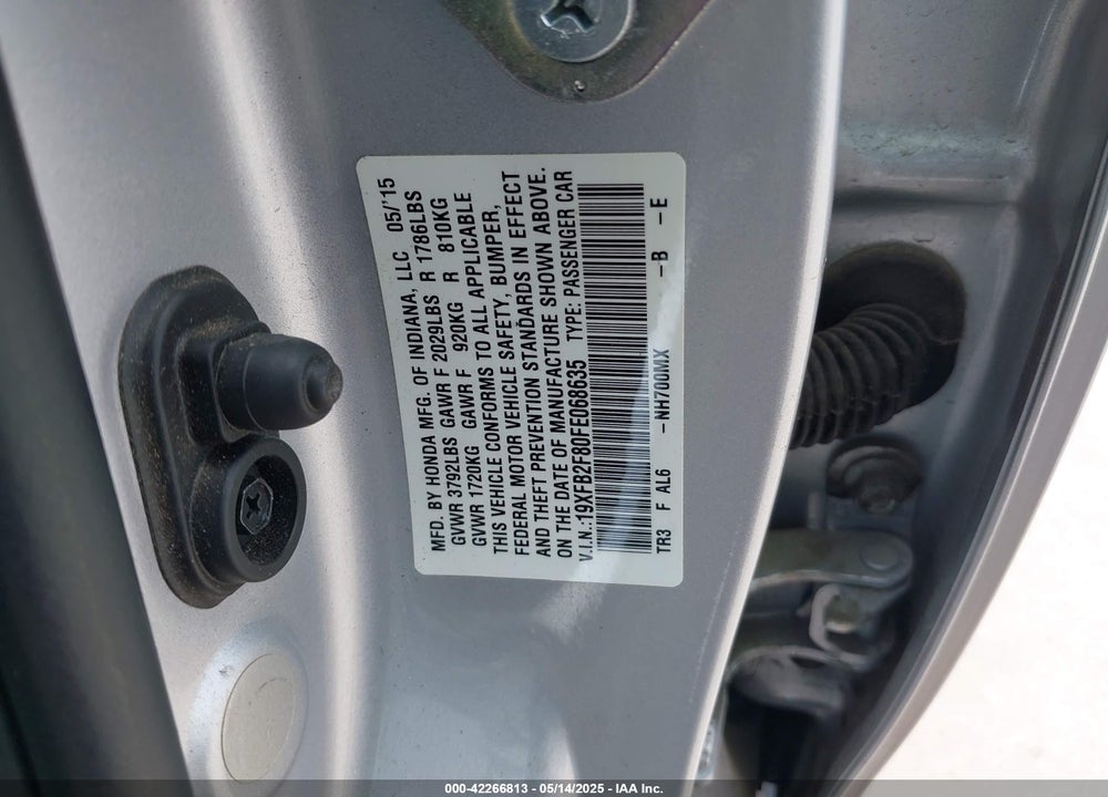 2015 HONDA CIVIC EX VIN: 19XFB2F80FE068635