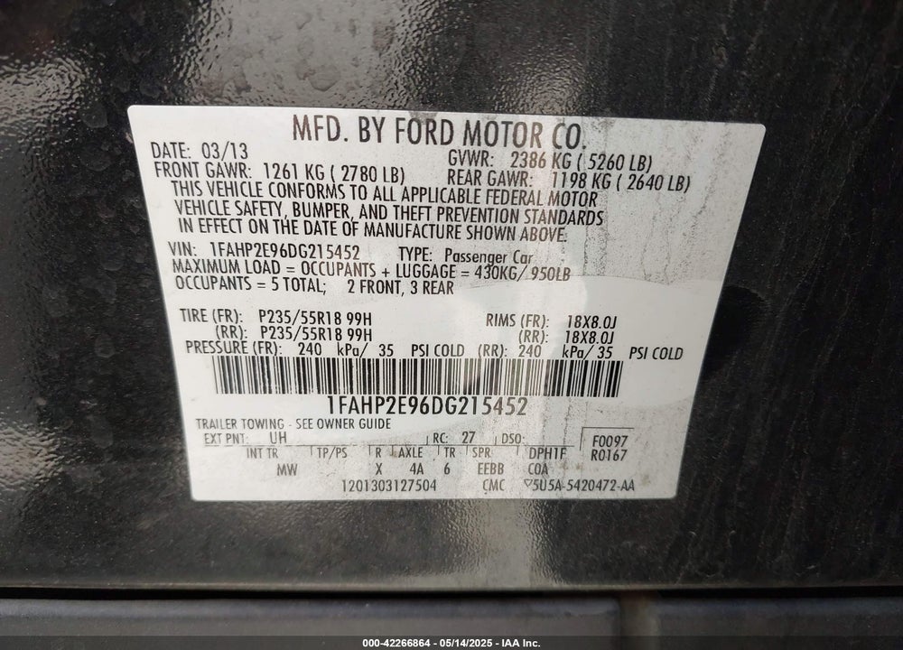 2013 FORD TAURUS VIN: 1FAHP2E96DG215452