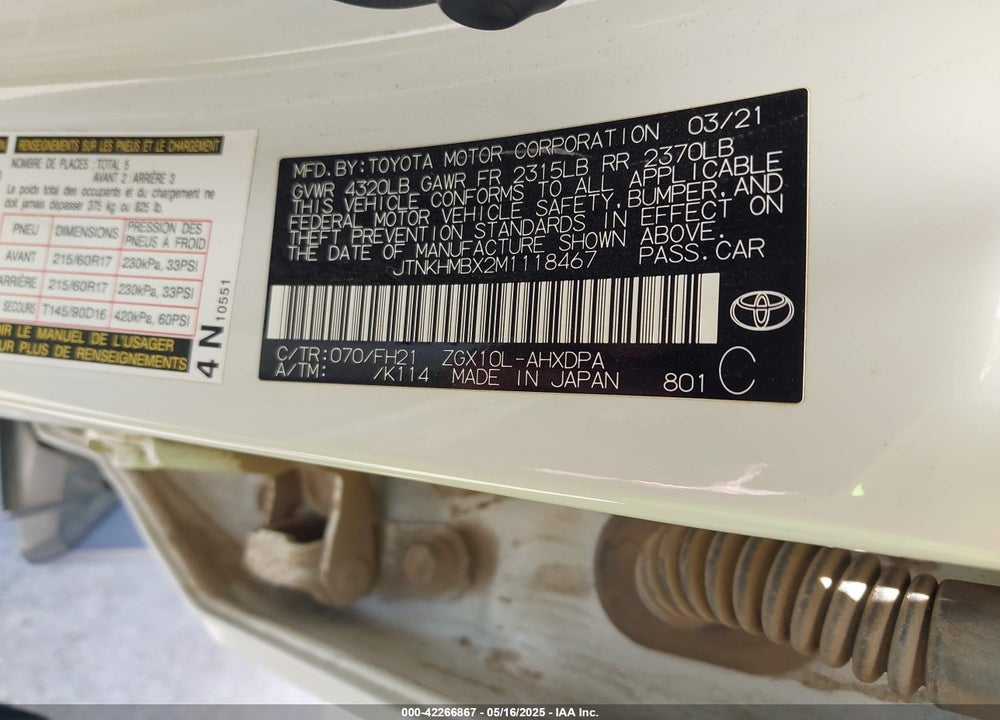 2021 TOYOTA C-HR LE VIN: JTNKHMBX2M1118467