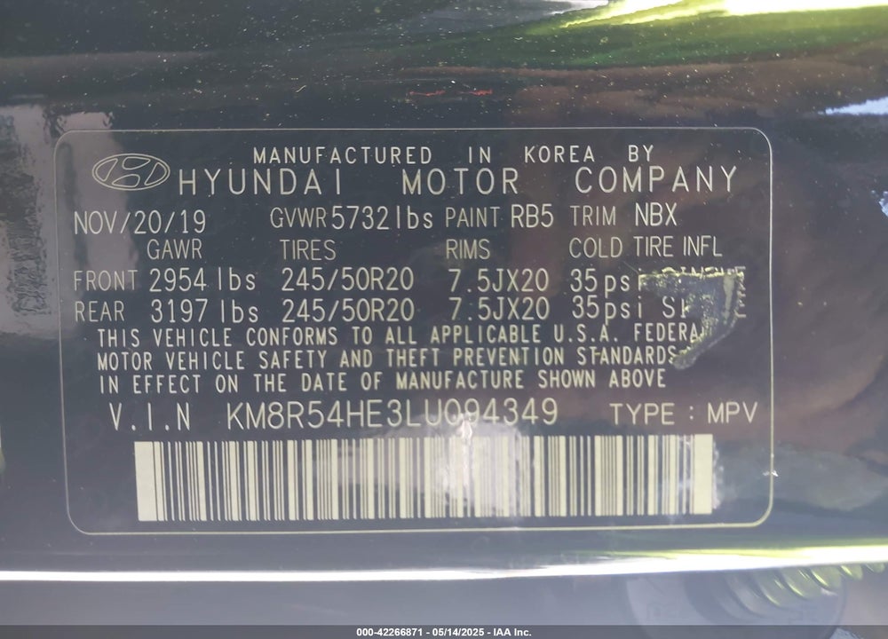 2020 HYUNDAI PALISADE LIMITED VIN: KM8R54HE3LU094349