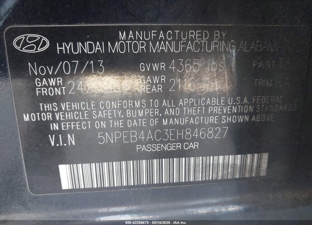 2014 HYUNDAI SONATA GLS VIN: 5NPEB4AC3EH846827