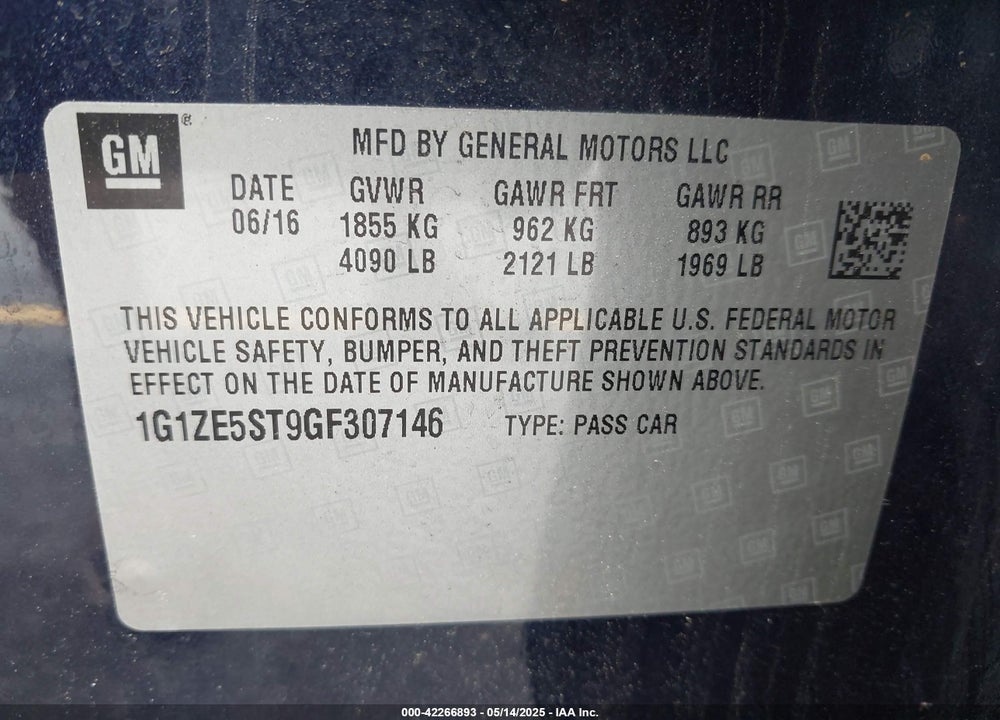 2016 CHEVROLET MALIBU 1LT VIN: 1G1ZE5ST9GF307146