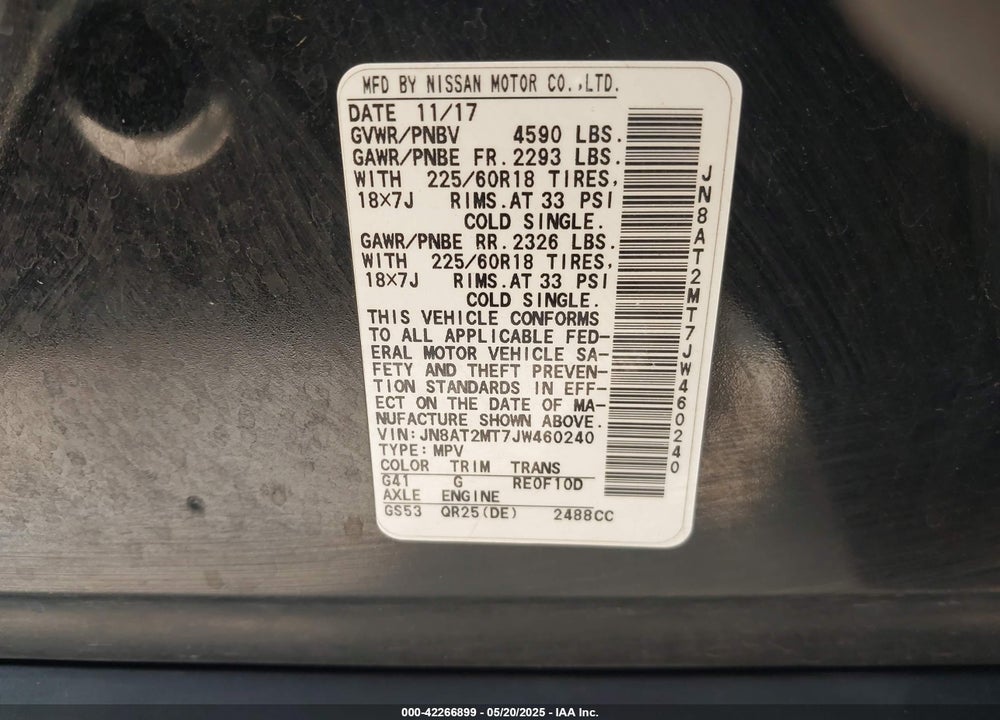 2018 NISSAN ROGUE VIN: JN8AT2MT7JW460240