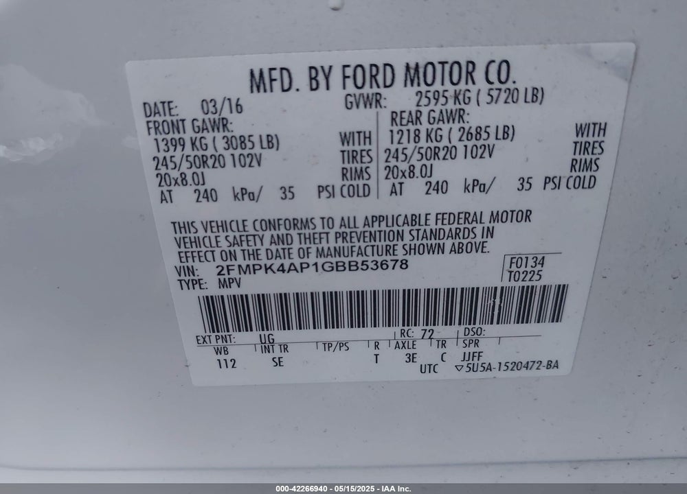 2016 FORD EDGE SPORT VIN: 2FMPK4AP1GBB53678