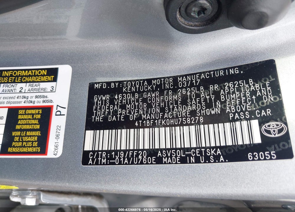 2017 TOYO CAMRY SE AUTOMATIC VIN: 4T1BF1FK0HU758278