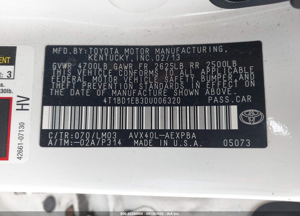2013 TOYOTA AVALON HYBRID VIN: 4T1BD1EB3DU006320
