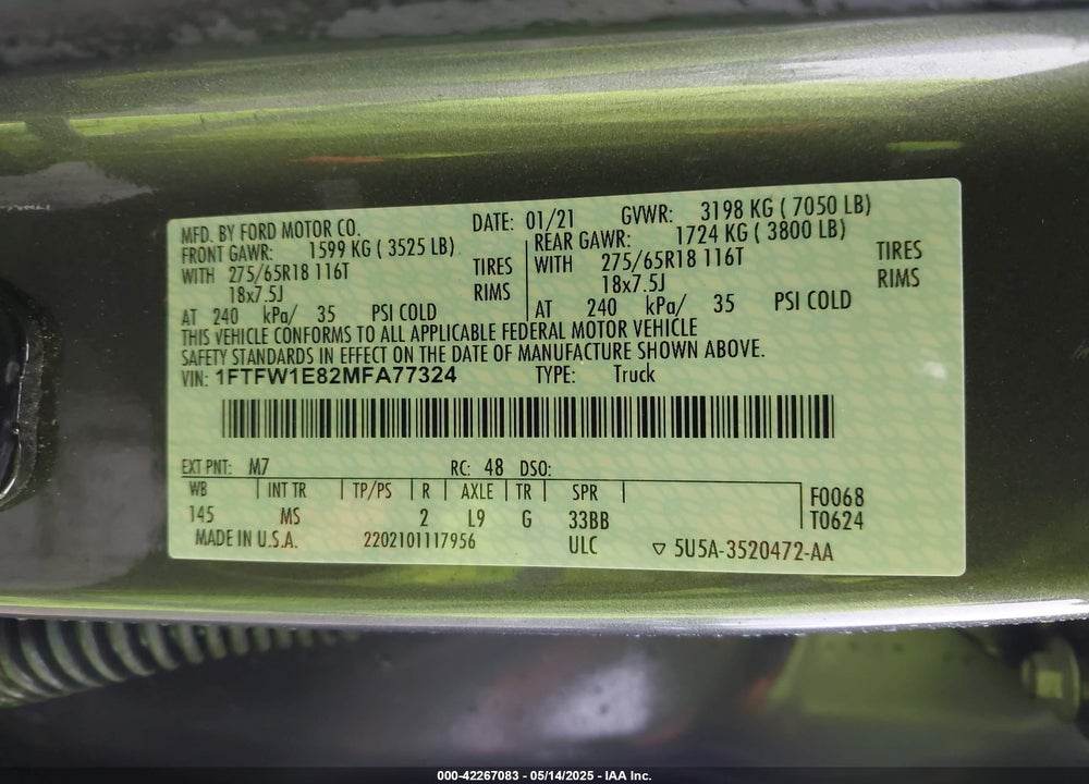 2021 FORD F-150 XLT VIN: 1FTFW1E82MFA77324